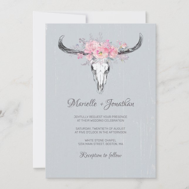 Invitation Crâne de vache rustique Boho Blush Floral Aquarell (Devant)