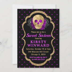 Invitation Crâne d'or Polka florale point Halloween Sweet 16