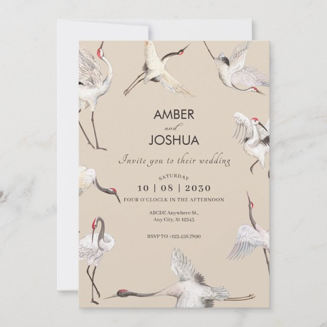 Invitation Crane douce beige oiseaux art mariage (Devant)