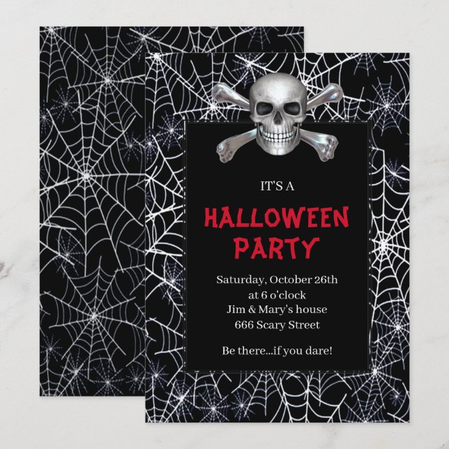 Invitation Crâne et Crossbones White Cobweb Halloween Party (Devant / Derrière)