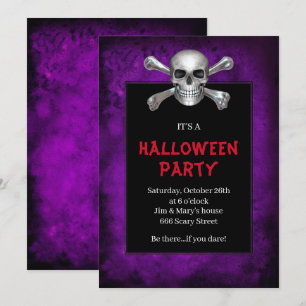 Invitation Crâne et Os Croisés Soirée Halloween Grunge Violet