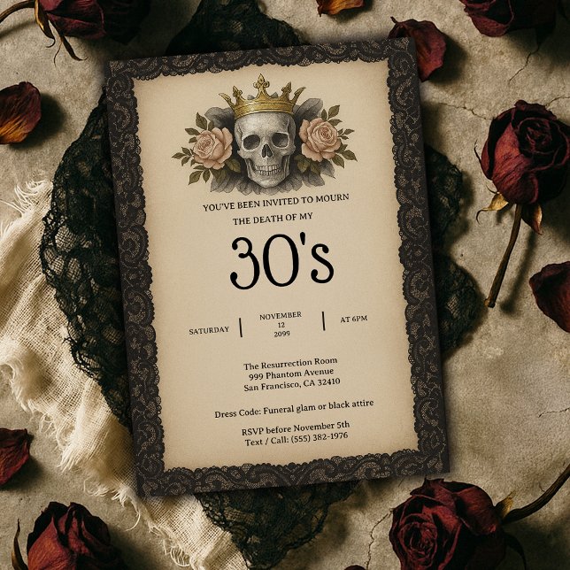 Invitation Crâne et Roses Mort à ma fête d'anniversaire des a (Skull and Roses Death to my 30s Birthday Party Invitation
)