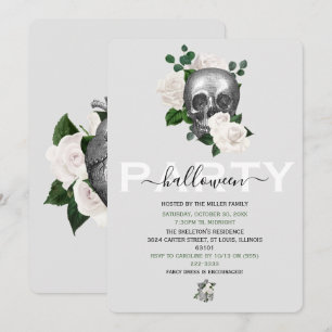 Invitation Crâne Floral Blanc Élégant Soirée Halloween Adulte
