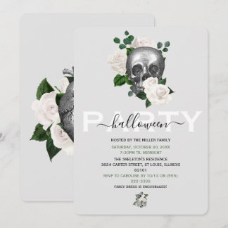 Invitation Crâne Floral Blanc Élégant Soirée Halloween Adulte