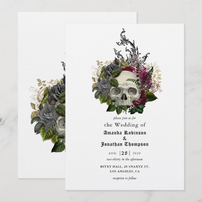 Invitation Crâne floral de Bourgogne Halloween Mariage gothiq (Devant / Derrière)