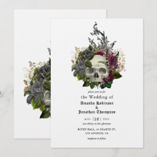 Invitation Crâne floral de Bourgogne Halloween Mariage gothiq
