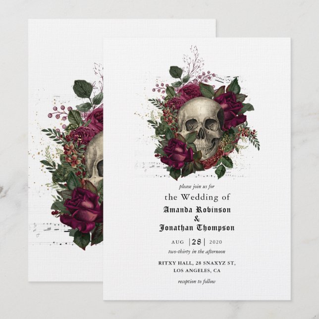 Invitation Crâne floral de Bourgogne Halloween Mariage gothiq (Devant / Derrière)