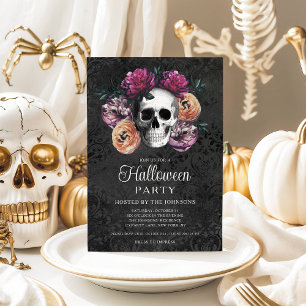 Invitation Crâne Floral Gothique Élégant Halloween