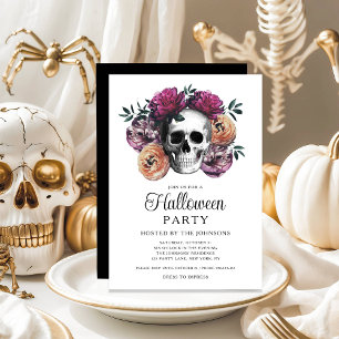 Invitation Crâne Floral Gothique Élégant Halloween
