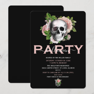 Invitation Crâne Floral Rose Élégant pour Soirée d'Halloween