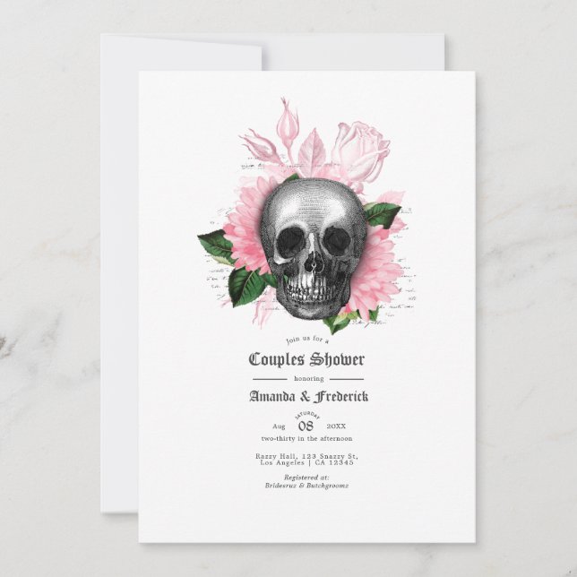 Invitation Crâne floral rose pour douche de couples gothiques (Devant)