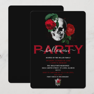 Invitation Crâne Floral Rouge Élégant pour Soirée d'Halloween