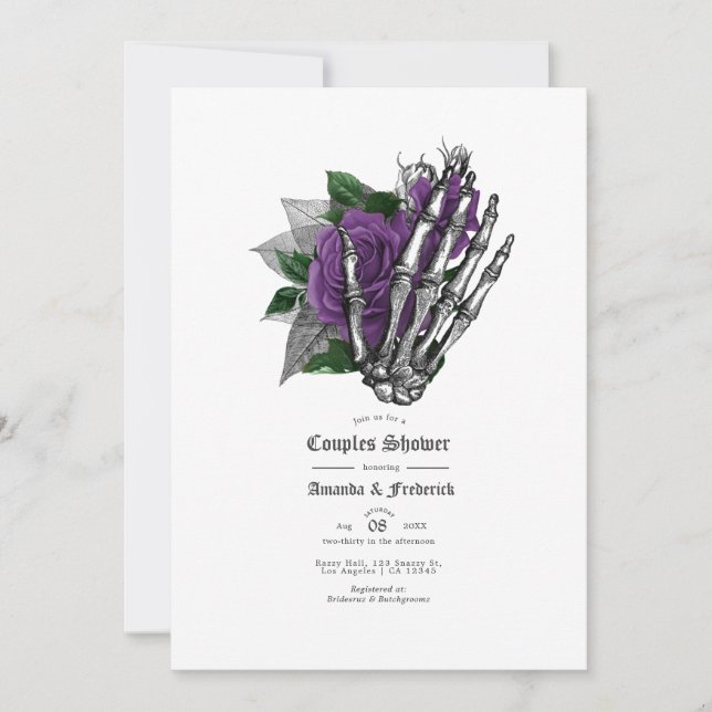 Invitation Crâne Floral Violet pour Couple Gothique sous la D (Devant)