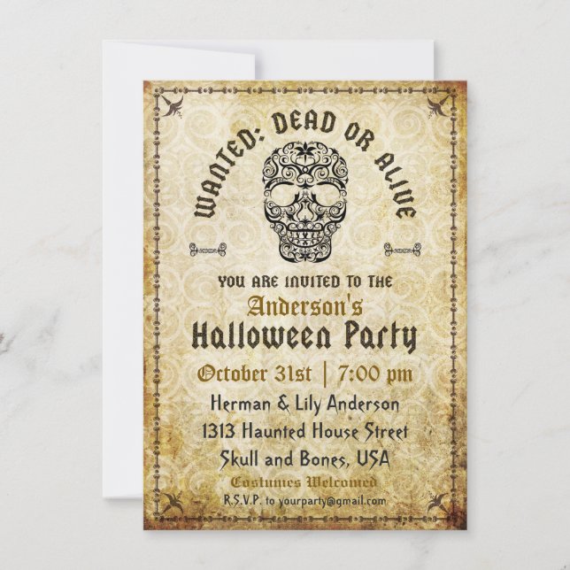 Invitation crâne Halloween recherché mort ou vif (Devant)
