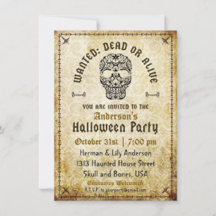 Invitation crâne Halloween recherché mort ou vif