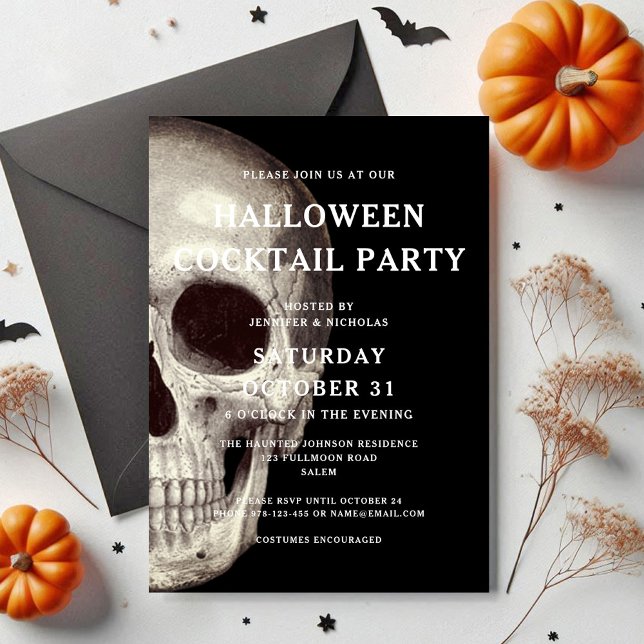 Invitation Crâne noir de peur Halloween Adulte Cocktail Party (Black Scary Skull Adult Halloween Cocktail Party Invitation)