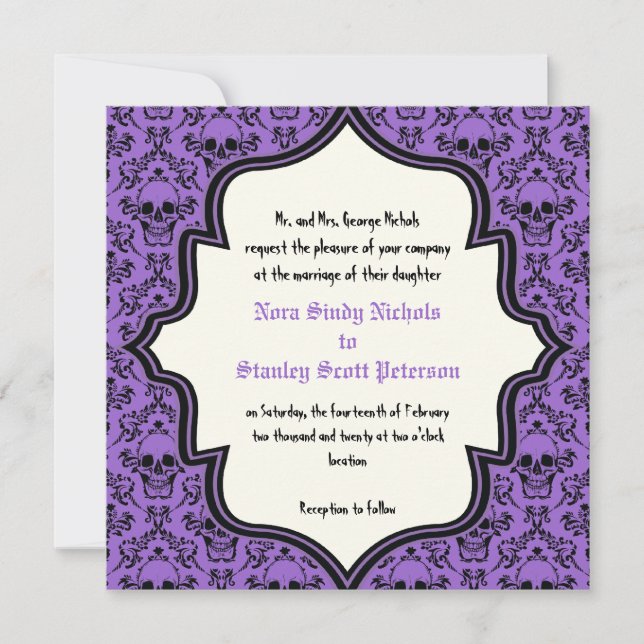 Invitation Crâne noir violet damassé mariage Halloween (Devant)