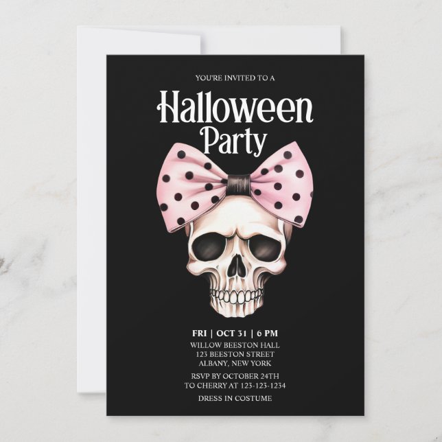 Invitation Crâne Points noirs Bow Rose Horreur Halloween Part (Devant)