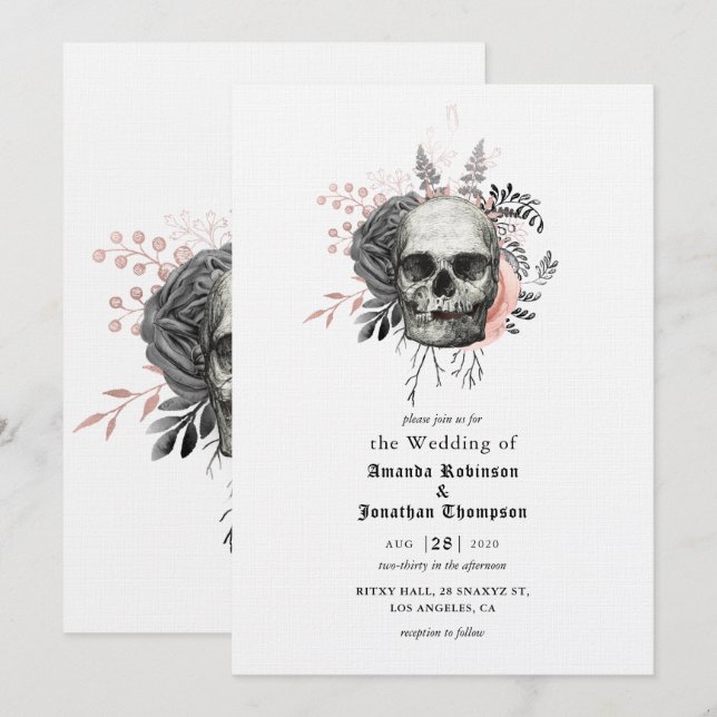 Invitation Crâne rose floral Halloween Mariage gothique (Devant / Derrière)