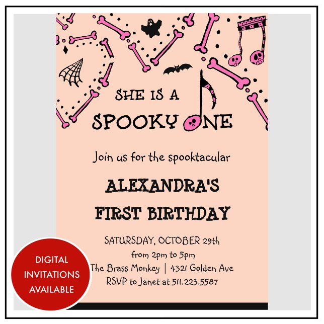 Invitation Crâne rose orange Éffrayant Halloween 1er annivers (Halloween-1st-birthday-Invitation-Pink-Orange-Skull-Spooky-1)