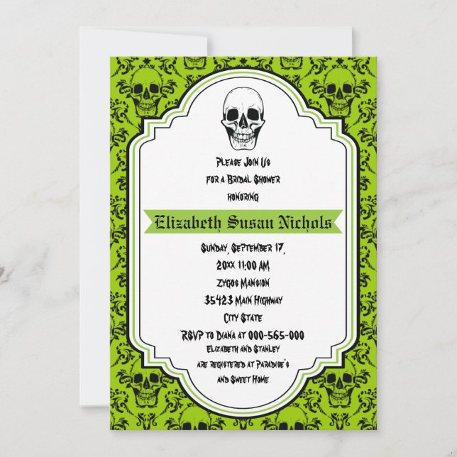 Invitation Crânes damask vert, noir mariage douche nuptiale (Devant)