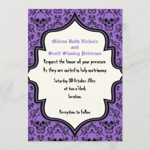 Invitation Crânes damassé violet noir mariage Halloween