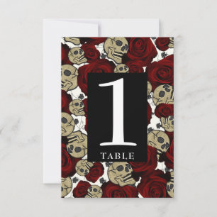 Invitation Crânes de Roses Rouges Fleurs Noires Numéro de Tab