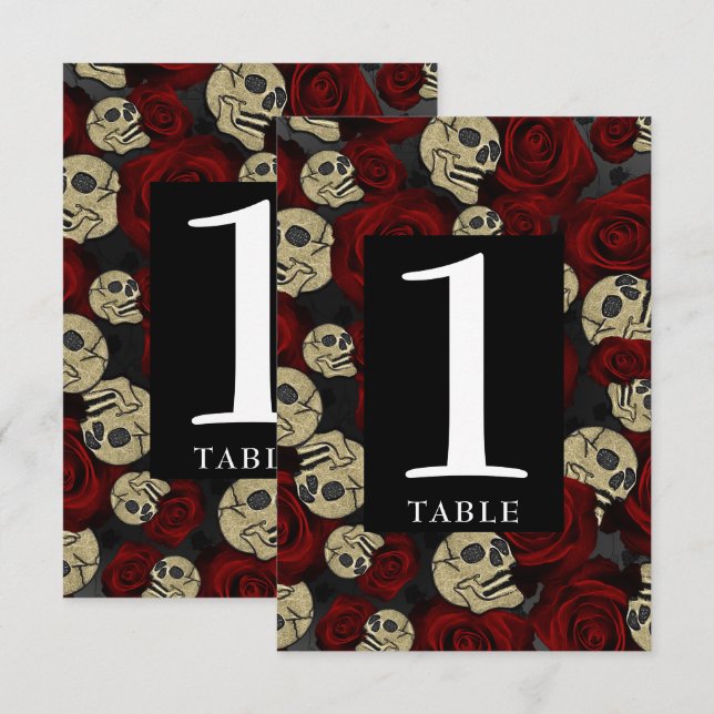 Invitation Crânes de roses rouges Noir Floral Gothique Numéro (Devant / Derrière)