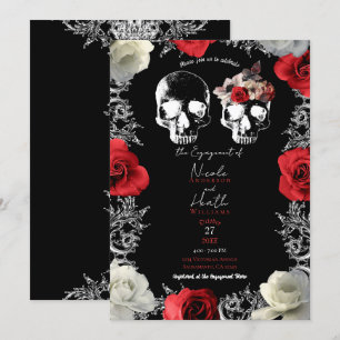 Invitation Crânes de squelette Roses rouges gothiques Fête de