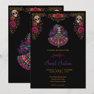Invitation Crânes de Sucre Jour des Morts Sweet Sixteen