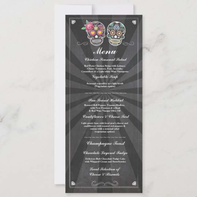 Invitation Crânes de Sucre Menu de Mariage sur Tableau Noir (Devant)