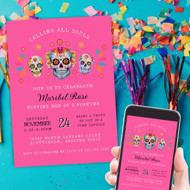Invitation Crânes de sucre rose chaud Jour de l'anniversaire  (Hot pink dia de los muertos sugar skulls birhtday party invitations for mexican hispanic heritage)