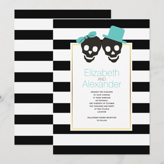 Invitation Crânes et rayures aqua Halloween mariage (Devant / Derrière)