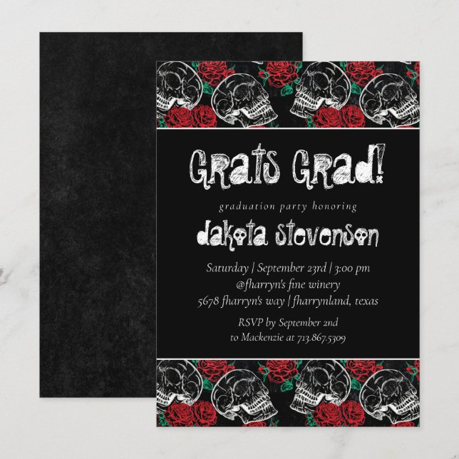 Invitation Crânes et roses rouges | Moderne Glam Goth Graduat (Devant / Derrière)