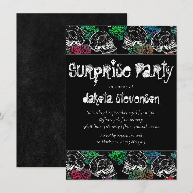 Invitation Crânes et roses rouges | Moderne Goth Surprise Par (Devant / Derrière)