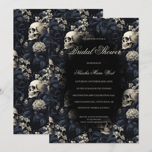 Invitation Crânes florales gothiques Moody Dark Fête des mari (Devant / Derrière)