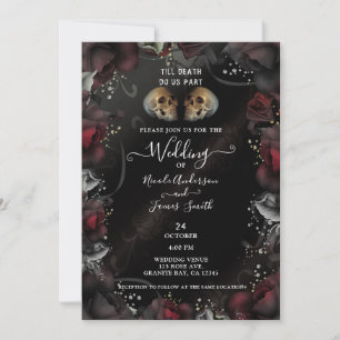 Invitation Crânes gothiques Roses noires rouges Mariage d'Hal