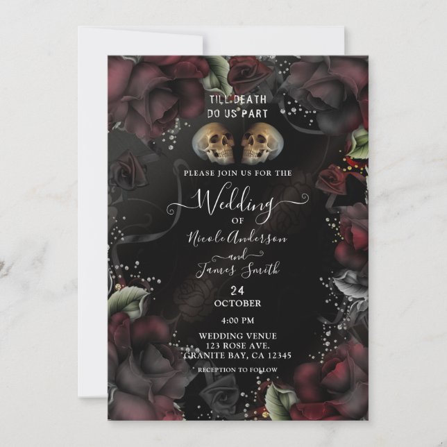 Invitation Crânes gothiques Rouge Noir Rose Mariage d'Hallowe (Devant)