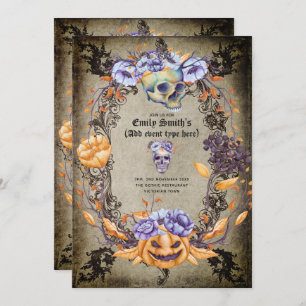 Invitation Crânes gothiques vintages Fleurs d'Oranage violet 