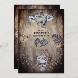 Invitation Crânes gothiques vintages Fleurs orange violet Got