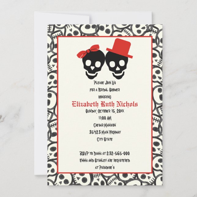 Invitation Crânes Halloween mariage noir rouge douche nuptial (Devant)