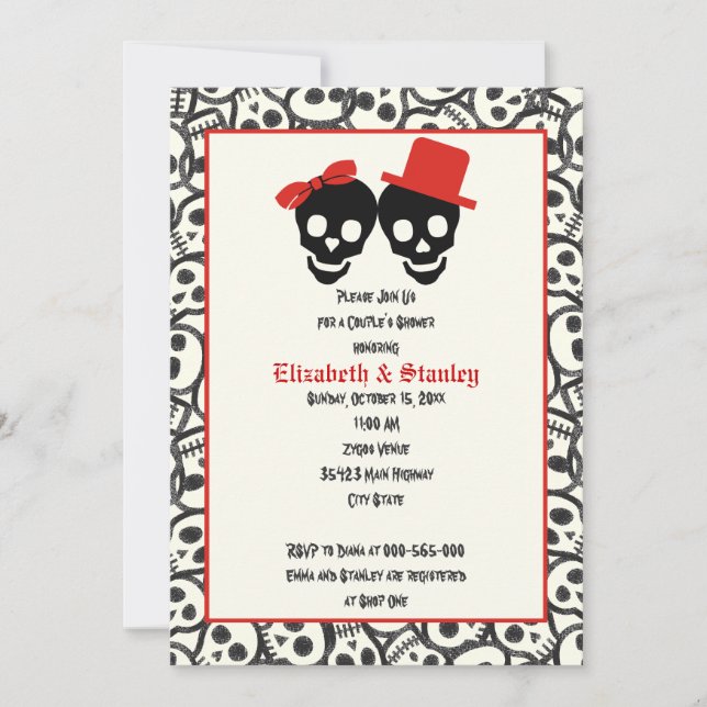 Invitation Crânes Halloween rouge noir mariage douche couple (Devant)