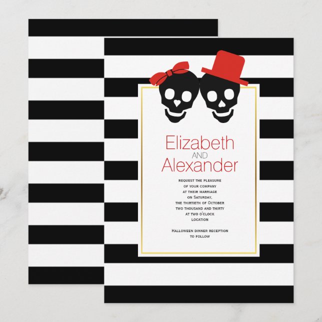 Invitation Crânes noir, rayures blanches Halloween mariage ro (Devant / Derrière)
