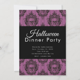 Invitation Crânes pourpres et noires Dîner d'Halloween