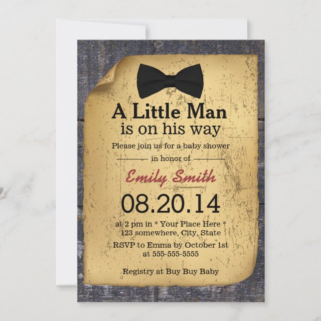 Invitation Cravate Bow Baby shower rustique Bois Bois Bois (Devant)