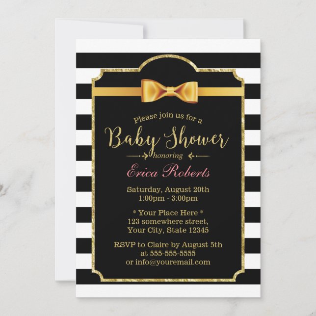 Invitation Cravate Classy Gold Bow Baby shower de rayures mod (Devant)