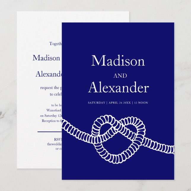 Invitation Cravate du coeur le noeud mariage marine bleu blan (Devant / Derrière)