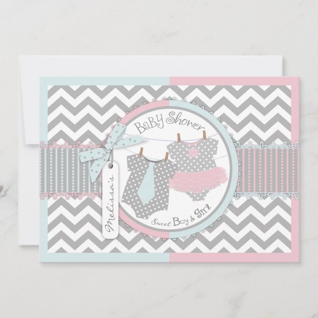 Invitation Cravate jumeaux Tutu Chevron Baby shower (Devant)