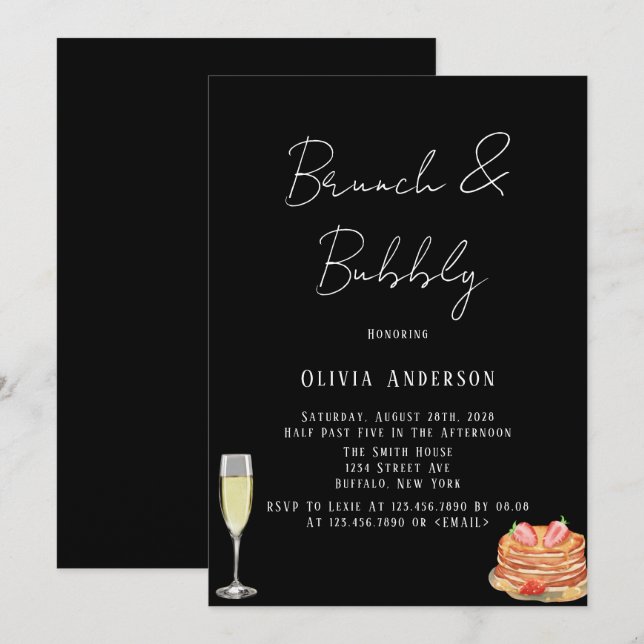 Invitation Cravate noire et blanche Pancake Brunch & Bubbly I (Devant / Derrière)