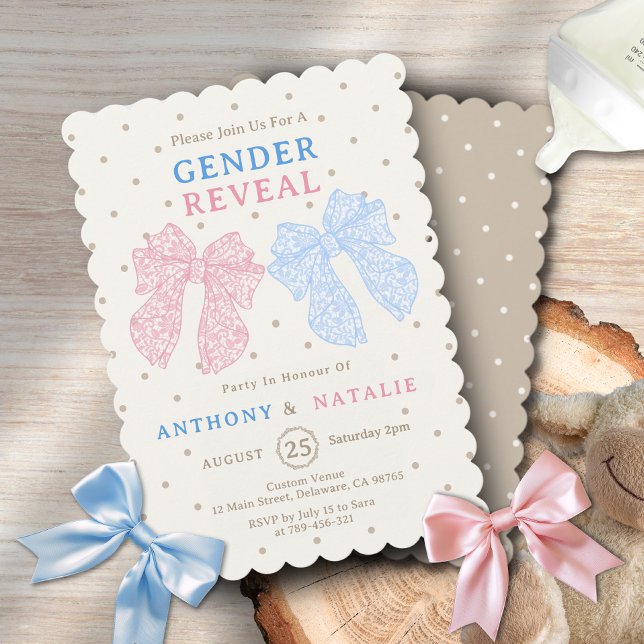 Invitation Cravate pois rose ruban Bleu Bow  Genre Révélation (Polka Dots Pink Ribbon Blue Bow Tie Gender Reveal Invitation )